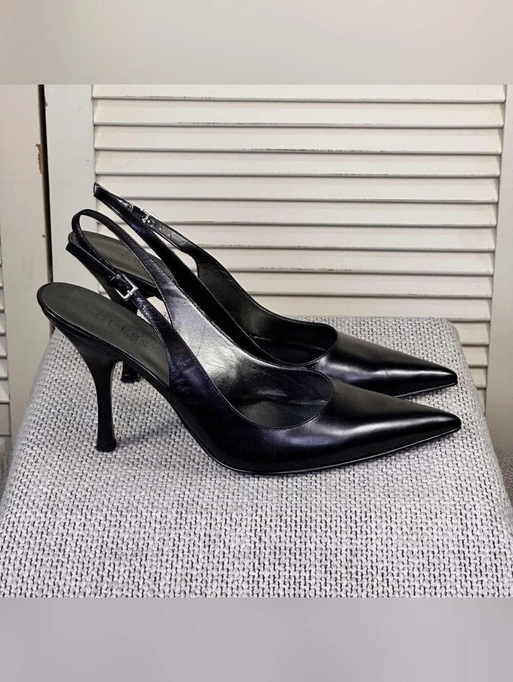 Guess Black Leather Pointed-Toe Slingback Heels